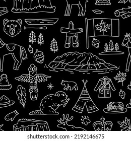 Vector Line art seamless pattern on the theme of Canada. Pattern with symbols on black color. Vector concept for greeting cards, banners and posters.