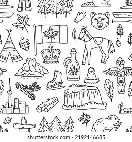 Vector Line art seamless pattern on the theme of Canada. Pattern with symbols on white color. Vector concept for greeting cards, banners and posters.