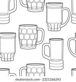 Vector line art seamless pattern alcohol glasses. Vector illustration of beer mug