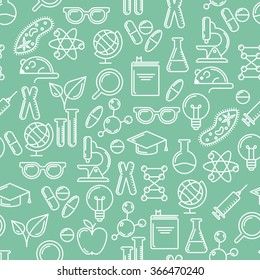 Vector line art seamless pattern with science and education symbols and design elements. Research, technologies and innovation concept. Modern design for medical, chemical industry themes.