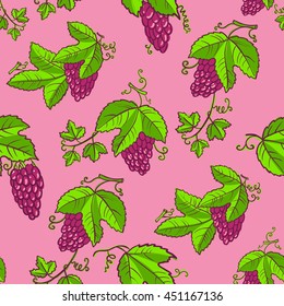 Vector line art seamless pattern with grape and leaves