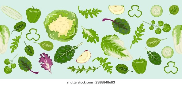 Vector line art seamless salad Fruit and vegetable salad, healthy food Vegetarian food, vitamins and minerals. For textiles, banners, wallpaper, and wrapping vector design.