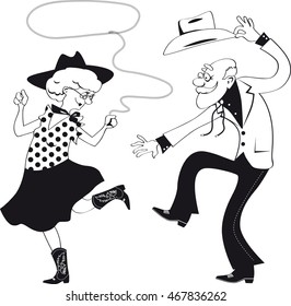 Vector line art of a senior couple dressed in traditional western costumes dancing square dance or contradance, EPS 8, no white objets