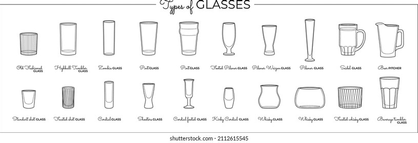 Vector line art set of alcohol glasses. Vector illustration