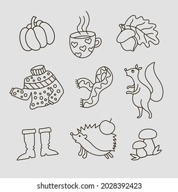 Vector line art set with autumnal harvest elements, cute forest animals and warm clothes. Collection of scrapbook isolated elements for party, harvest festival or thanksgiving day. 