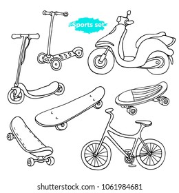Vector line art set. Doodle sports sketch. Cartoon group of icon. Vintage black illustration isolated on white background Scooter, skate, bike Summer holiday element Real dynamic life for good health
