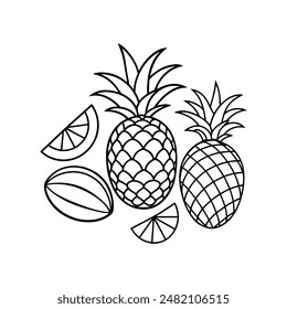 Vector arte de línea para conjunto de frutas fondo blanco