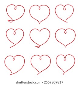 Vector line art set of hand-drawn red hearts. 