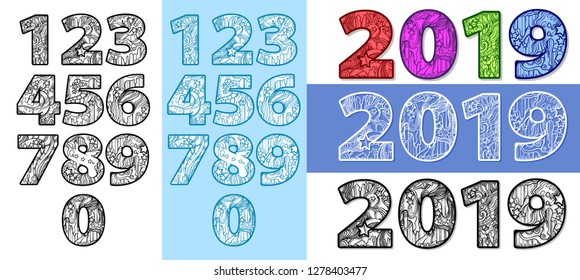 Vector line art of set laser cutting numbers, alphabet, floral wooden alphabet font, paper cutting, vector illustration set of numbers on different backgrounds