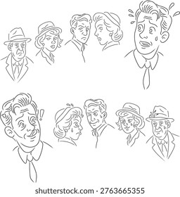 Vector line art set showing workplace drama and social evolution in an office environment.depicting a low-profile employee’s journey from social isolation and being misunderstood to achieving professional success. Includes expressions of coworker surprise, disbelief, envy, and unease.Concept art for workplace prejudice, breakthrough success, underdog stories, career development, and social judgment in professional settings.