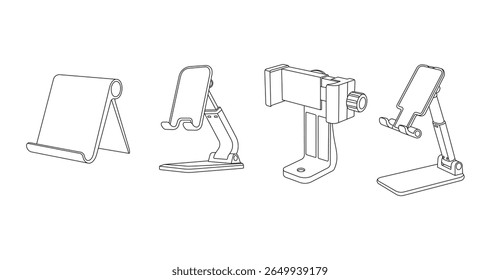 Conjunto de arte vetorial de vários suportes de telefone celular, incluindo suportes de mesa, montagens de carro e tripés. Design mínimo, perfeito para ilustrações técnicas e de produtos.