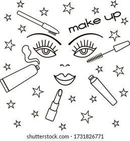 Vector line art set: young woman face and cosmetic products. Face cream, lipstic, mascara, brow pencil, simple stars and word make up. Black and white beauty design for card, poster, print, invitation