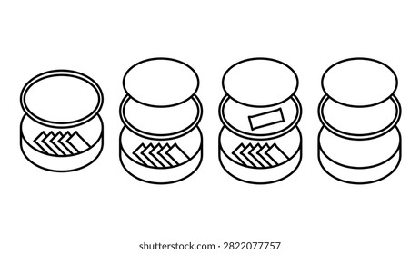 Vector line art showing different states of round snus tin box, open container, lid compartment for used pouches and tobacco bags.