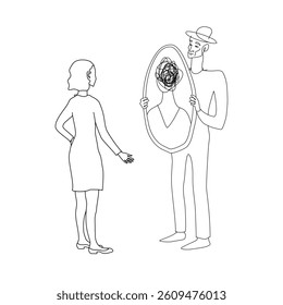 Vector line art showing gaslighting in a relationship: man holding a mirror where a woman’s reflection reveals a tangled mind, symbolizing psychological abuse and emotional confusion.
