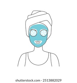 Vector line art showing a woman with a facial mask and cucumber slices on her eyes, ideal for beauty and spa themes.