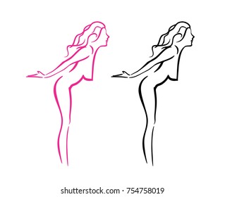 Vector Line Art Silhouette of Denuded Girl isolated on White Background