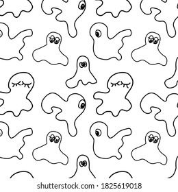Siluetas de arte vectorial de fantasmas sobre fondo blanco. Patrón sobre el tema de Halloween para imprimir en tela, papel de embalaje.
