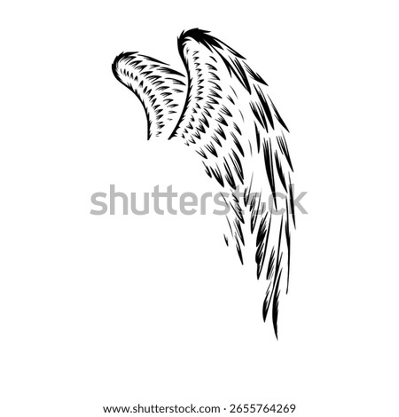 Vector line art of a single angel wing with feather detail. Elegant, hand-drawn style suitable for tattoo designs, spiritual symbolism, or minimalist artwork