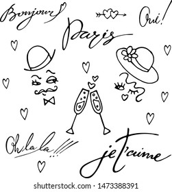 Vector line art sketch about love in Paris. Set of element for design in french style. Man , woman, hearts, champagne.  Hand drawn.
