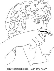 Vector line art sketch: David of Michelangelo with mustache drawn on finger. Element for design card, poster, illustration, print.