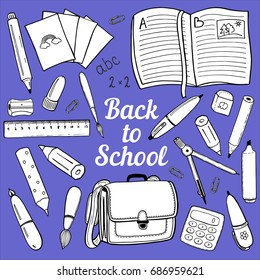 Vector line art sketch outline objects, school supplies elements, pens, pencils, paper, book, for back to school advertisement design, school equipment, office stationery hand drawn illustration.