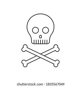 Vector line art skull with bones. Isolated contours of humans bones for Halloween decoration and Dia de los muertos. Cartoon silhouette for coloring and decor