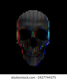 Vector line art skull.  Digital glitch art with pixelated stripes . Dark futuristic concept with blue neon glowing effects.