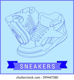 Vector line art sneakers. Hand-drawn illustration isolated on white. Sneakers flat icon. Vector Stylized sneakers. Outline urban shoes with long shadow. Sport icon or design element.