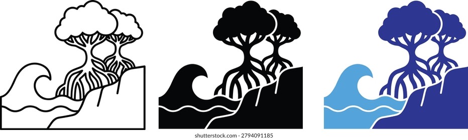 Vector line art and solid fill mangrove trees on coastal cliffs with ocean waves for environmental design