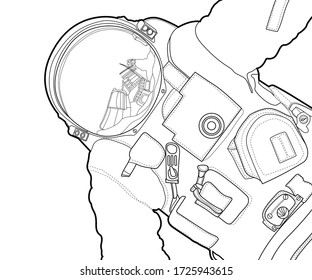 Vector line art spaceman design. Cosmonaut black contour outline sketch illustration isolated on white background. Stroke without fill. Cower drawing. Black-white icon. Style astronomy