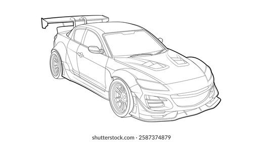 Vector line art sports car, coloring page, concept design. Vehicle black contour outline sketch illustration isolated on white background. Stroke without fill. Cower drawing. Black-white icon.