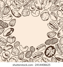 Vector line art square composition of mix nuts. Hand painted card of pistachio, walnut, hazelnut and almond on beige background. Tasty food illustration for design, print, fabric or background.