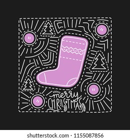 Vector line art square greeting card with felt boot and lettering "Merry Christmas" on a black background.