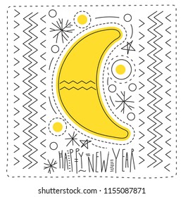Vector line art square greeting card with toy moon and lettering "Happy New Year".