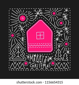 Vector line art square greeting card with cozy home and lettering "Merry Christmas" on a black background.