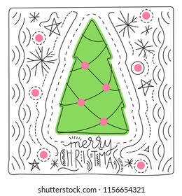 Vector line art square greeting card with toy spruce tree and lettering "Merry Christmas".