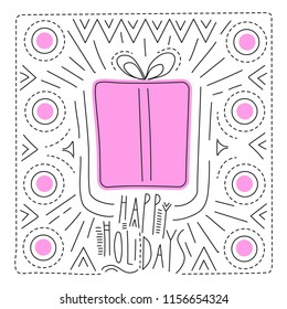 Vector line art square greeting card with gift box and lettering "Happy Holidays".