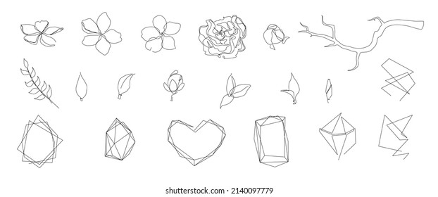 Conjunto de líneas de arte vectorial de flores, hojas, ramas y formas geométricas. Aislado sobre fondo blanco