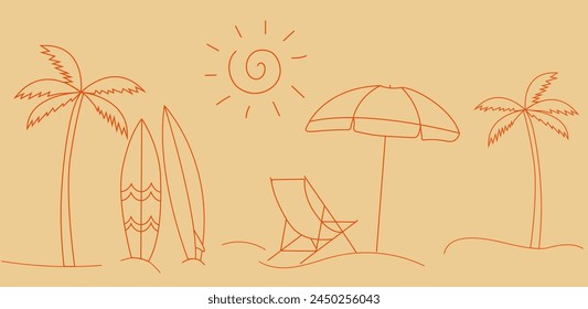 Vector line art style background of seashore. Good sunny day. Deck chair and beach umbrella, surf board on the sand coast.