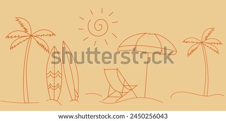 Vector line art style background of seashore. Good sunny day. Deck chair and beach umbrella, surf board on the sand coast.