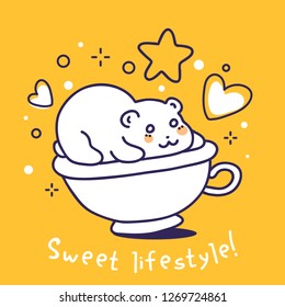 Vector line art style illustration of a charming laying white bear in cup on yellow background. Design for web, site, greeting card, invitation, banner