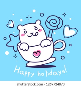 Vector line art style illustration of a cheerful smiling bear in cup on blue background. Design with with lollipop, heart, star, text for web, site, greeting card, invitation, banner