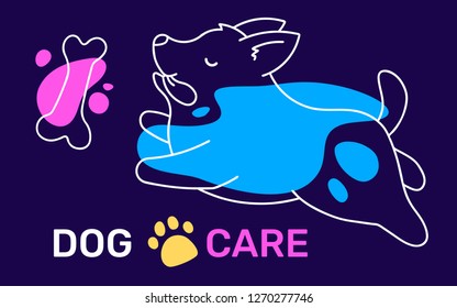 Vector line art style illustration of a cute corgi dog with bone. Design of running dog on dark background for web, site, greeting card, invitation, banner