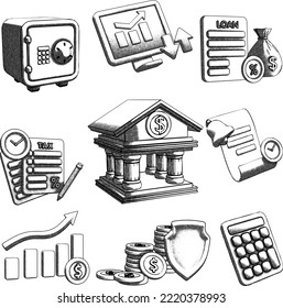 Ilustración de estilo de arte de la línea de vectores Juego de iconos de finanzas y banca