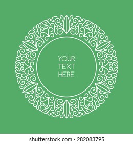 Vector line art style round frame with place for text. Abstract floral decorative background in green and white color.