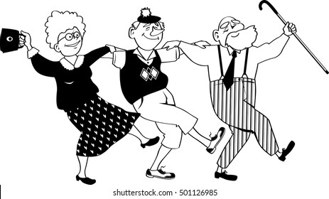 Vector Line Art Of Three Happy Seniors Dancing Sirtaki Or Zorba Dance, EPS 8, No Transparencies 