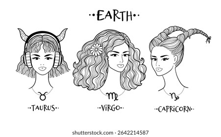 Vector line art of three stylish women symbolizing the earth element: Taurus, Virgo and Capricorn.