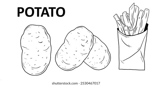 vector line art of three whole potatoes and a serving of French fries