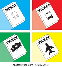 Vector line art ticket icon design. Simple and clean icon set. Airplane, train, bus, concert minimalistic style.