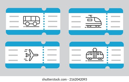 Billete de arte de la línea del vector, icono. Conjunto de iconos sencillo y limpio. Avión, tren, trolebús, tranvía, autobús, concierto de estilo minimalista.